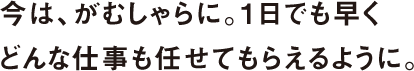 今は、がむしゃらに。1日でも早くどんな仕事も任せてもらえるように。